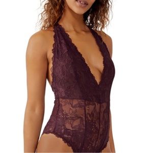 FREE PEOPLE Everyday Lace Bodysuit in Plum Jam NWOT Size Small